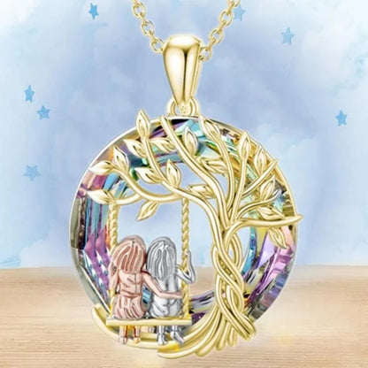 Árbol de la vida Hermana en el columpio Collar con colgante de cristal oro rosado