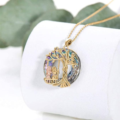 Árbol de la vida Hermana en el columpio Collar con colgante de cristal oro rosado